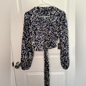 Forever21 Contemporary satin wrap top, blue &white, size M